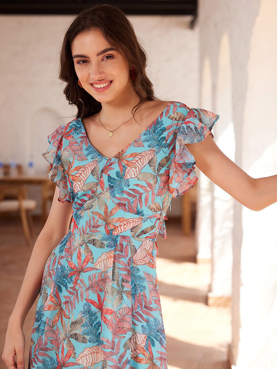 STREET 9 Tropical Printed Flutter Sleeves Georgette Maxi Dress