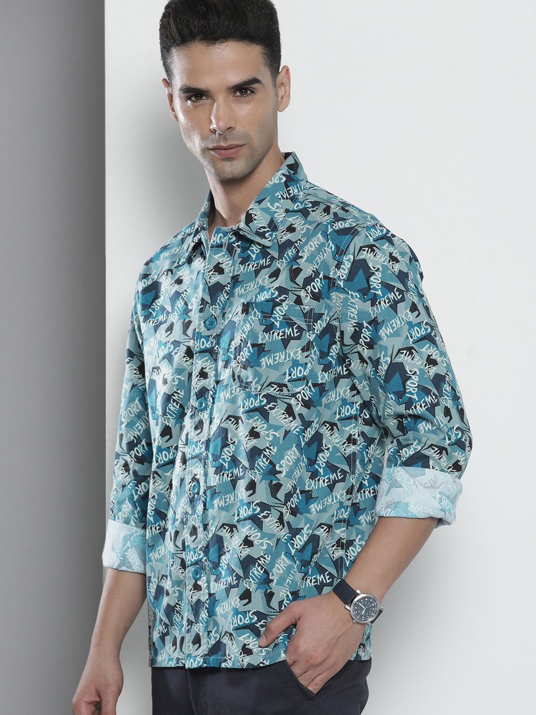 The Indian Garage Co Men Blue Printed Cotton Casual Shirt