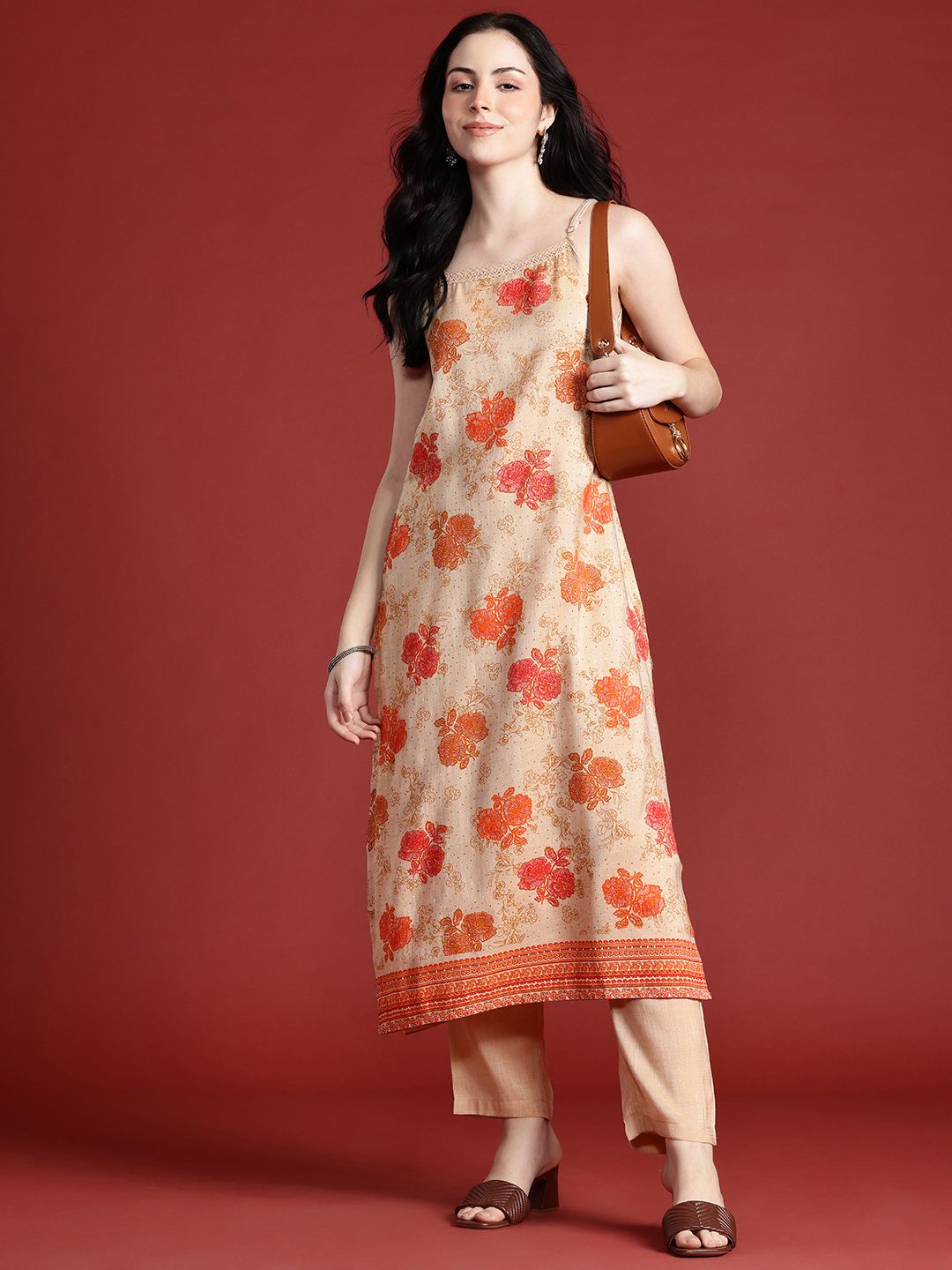 Anouk Floral Printed Shoulder Straps Straight Kurta with Trousers