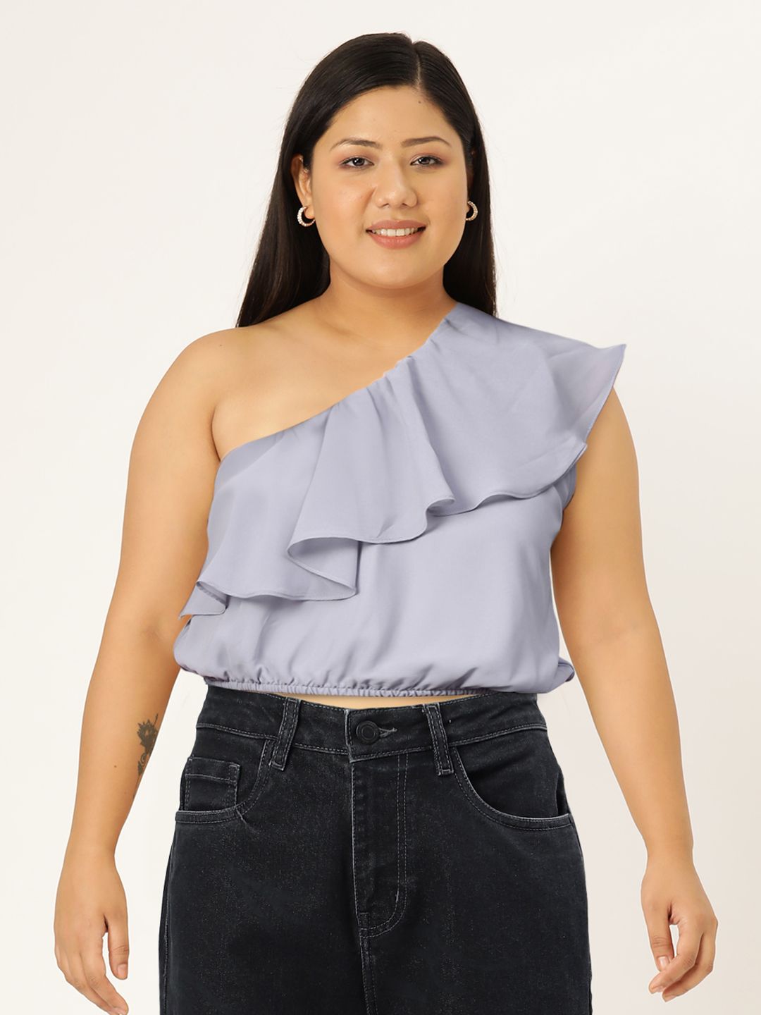SASSAFRAS Women Grey Solid Layered Cropped Blouson Top
