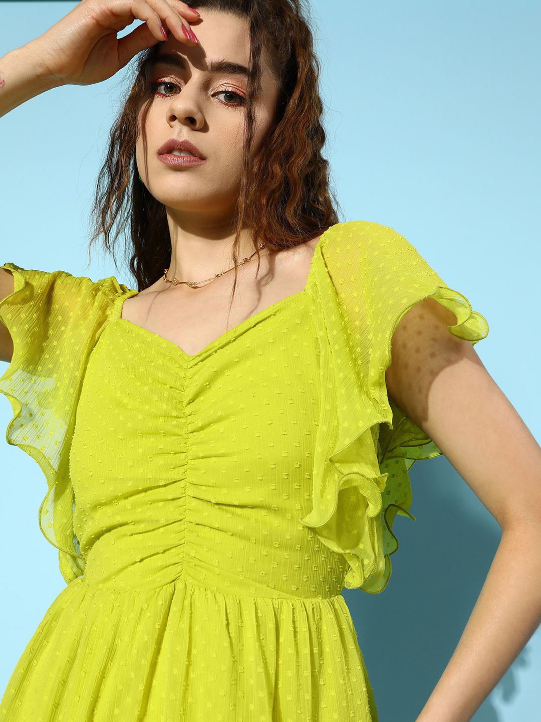 Antheaa Self Design Flutter Sleeve Ruffled Chiffon Fit & Flare Dress