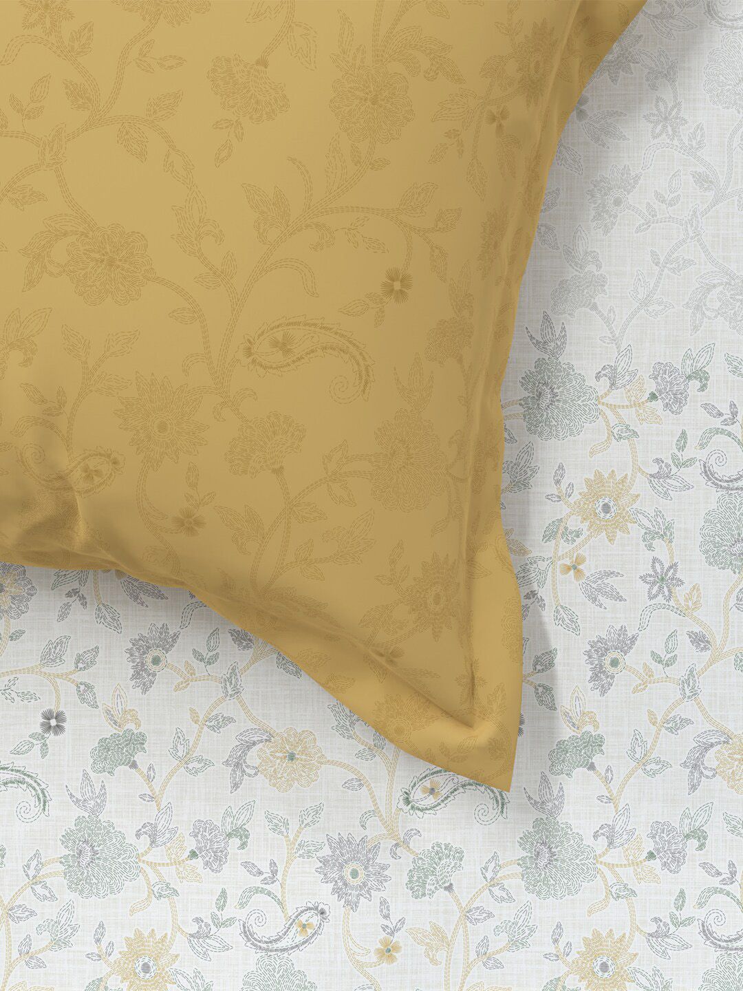 MYTRIDENT Kantha Sage Sanskriti Flat 144TC King Cotton 1 Bedsheet with 2 Pillow Covers