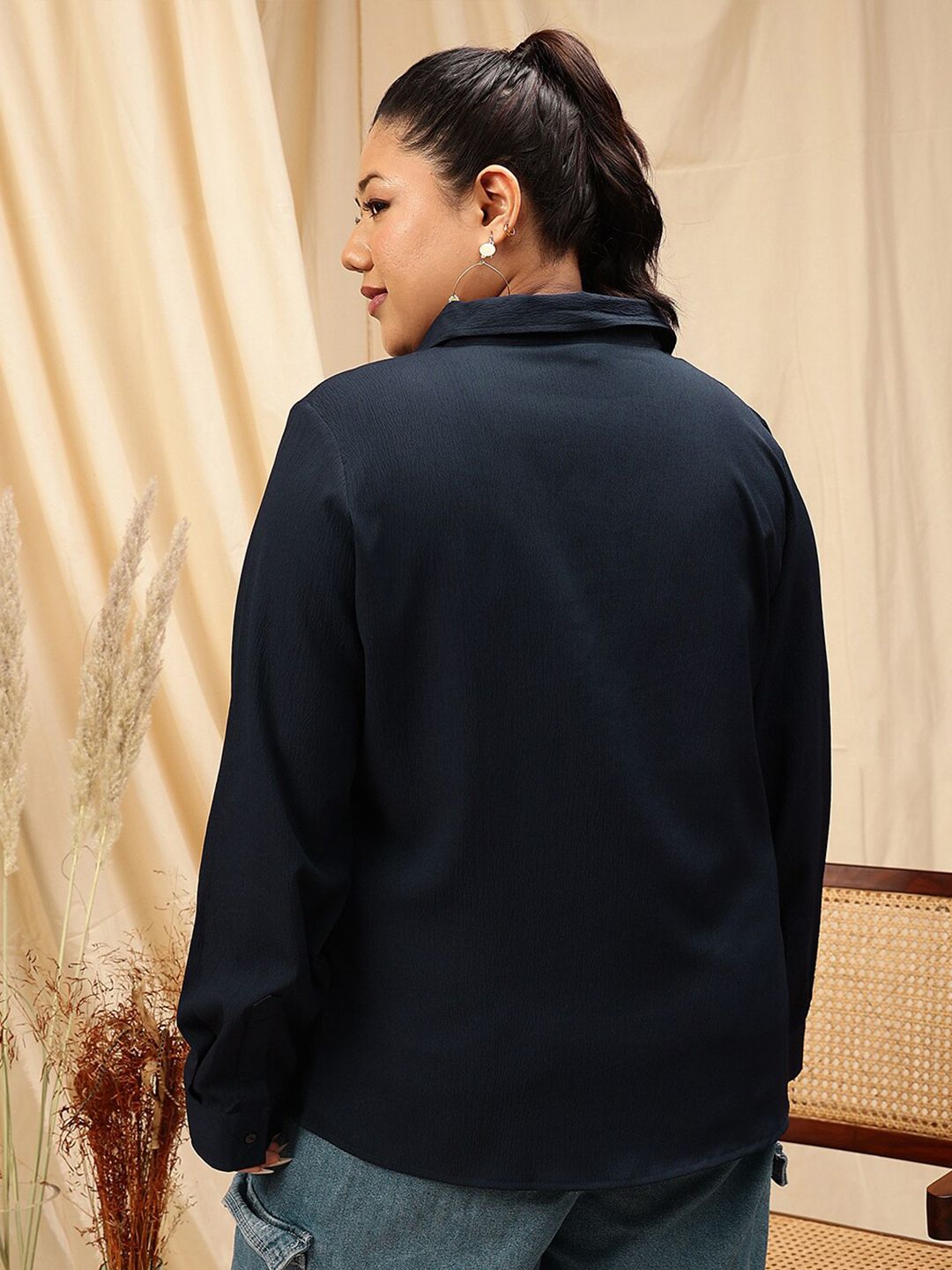 CURVY STREET Plus Size Spread Collar Comfort Opaque Casual Shirt