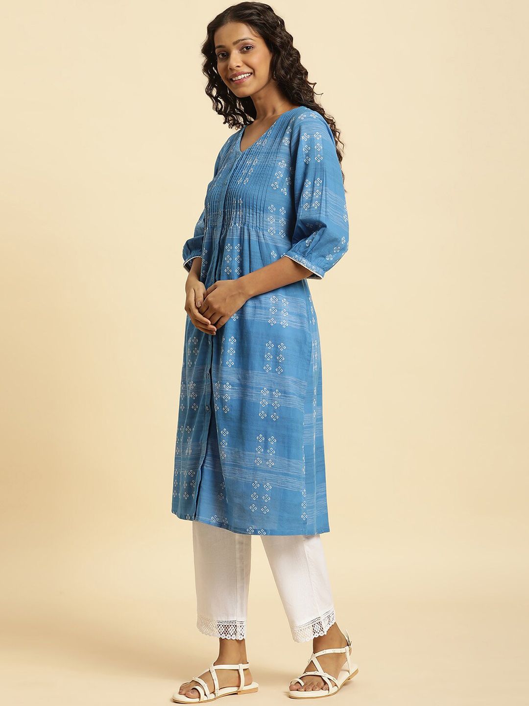 W Floral Woven Design Puffed Sleeves Panelled Pure Cotton A-Line Kurta