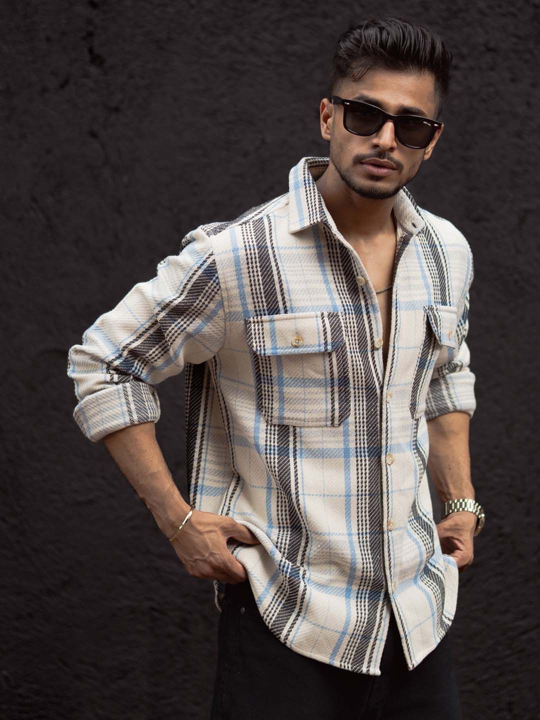 Powerlook Men Spread Collar Tartan Checked Cotton Casual Shirt