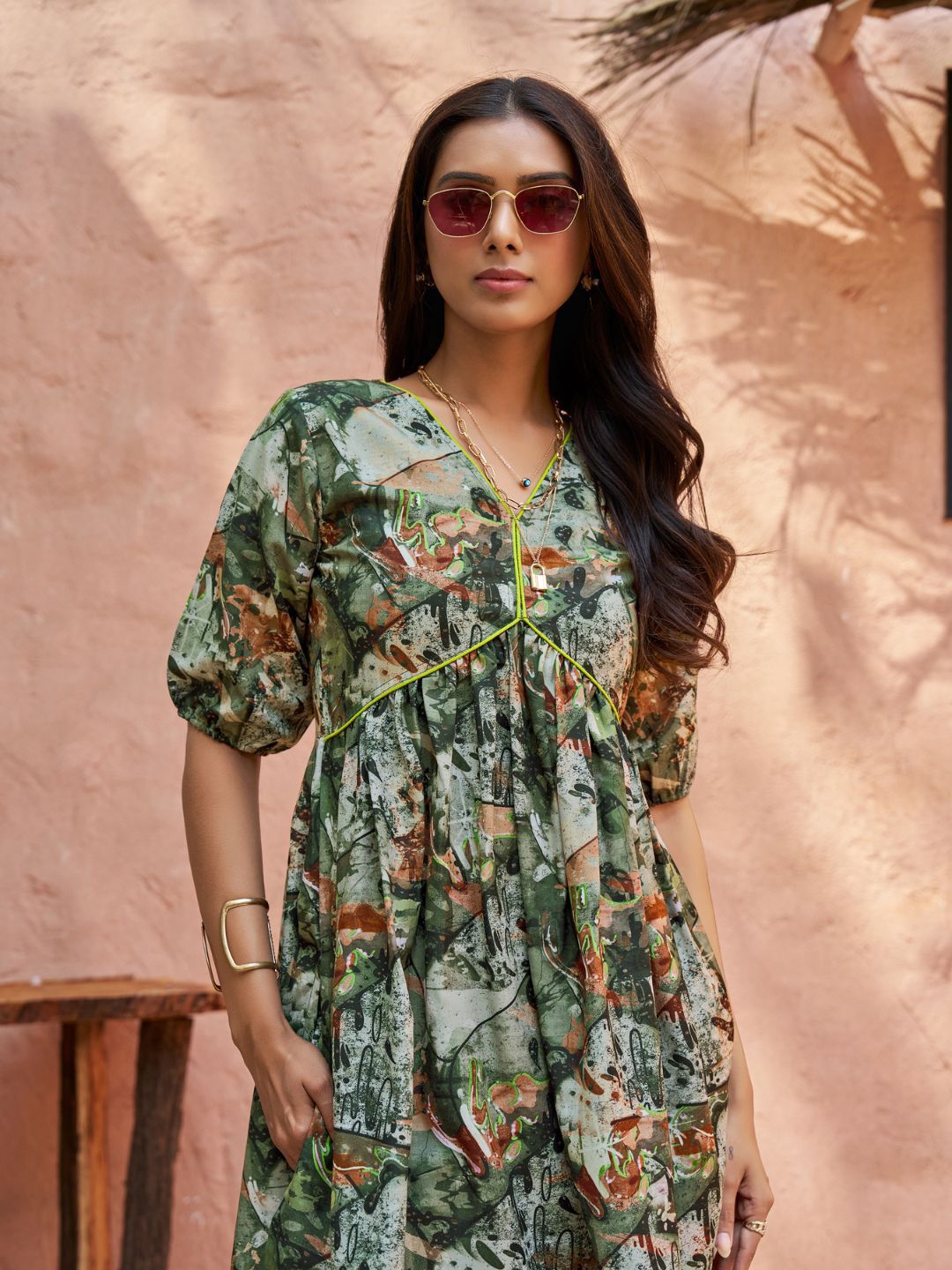 KALINI Floral Printed V-Neck Puff Sleeves Regular A-Line Kurti with Trousers