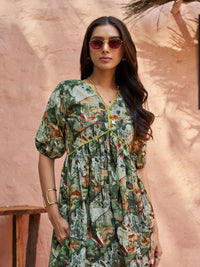 KALINI Floral Printed V-Neck Puff Sleeves Regular A-Line Kurti with Trousers