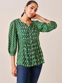 Global Desi Women Ethnic Motifs Print Mandarin Collar Puff Sleeve High-Low Top