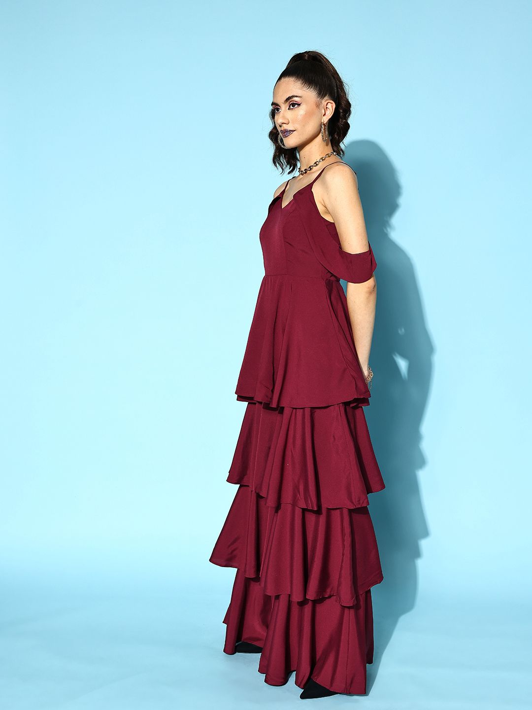 Berrylush Women Maroon Solid Feminine Frills Dress