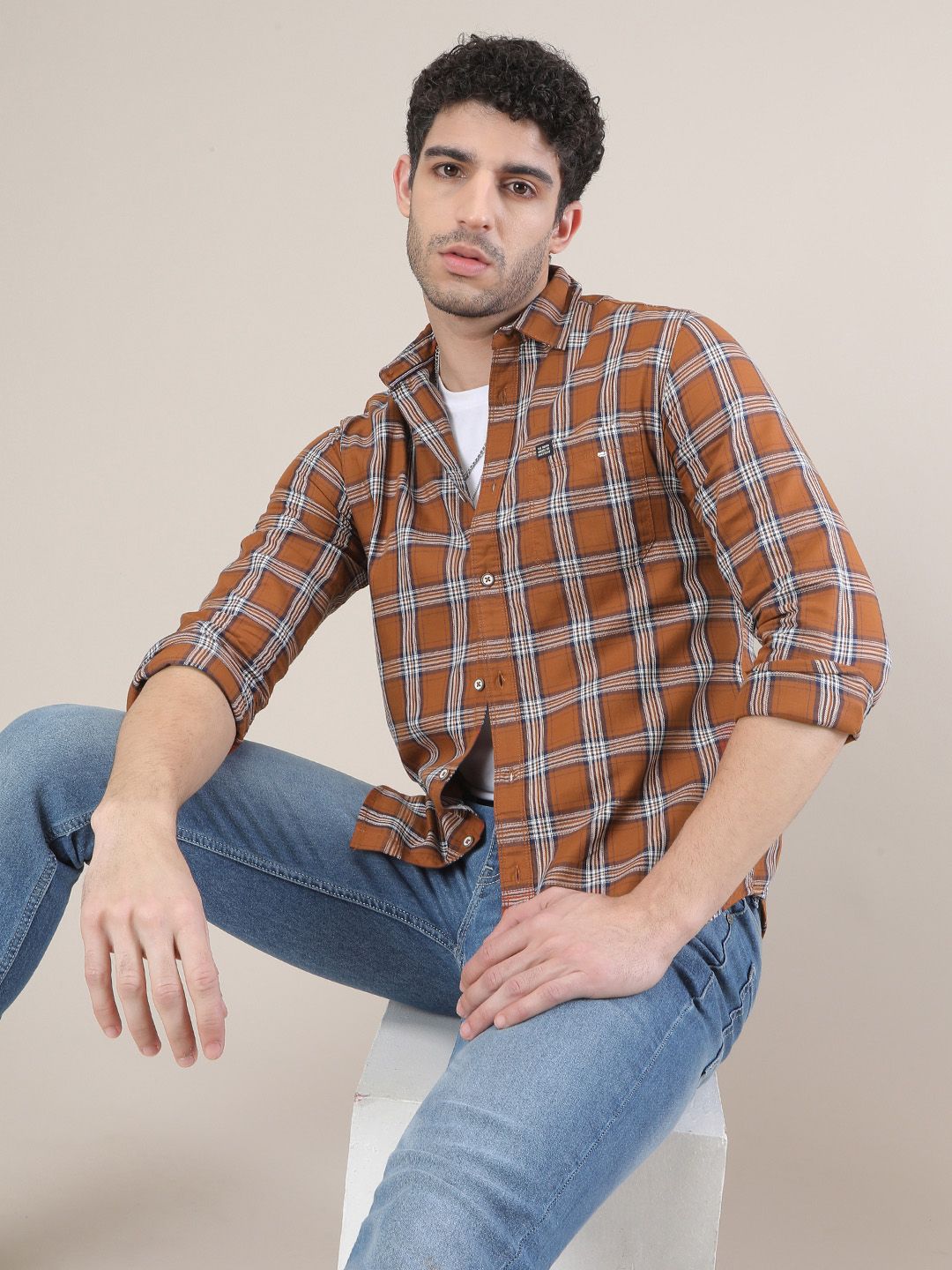 The Indian Garage Co Men Rust Orange & White Slim Fit Checked Casual Shirt