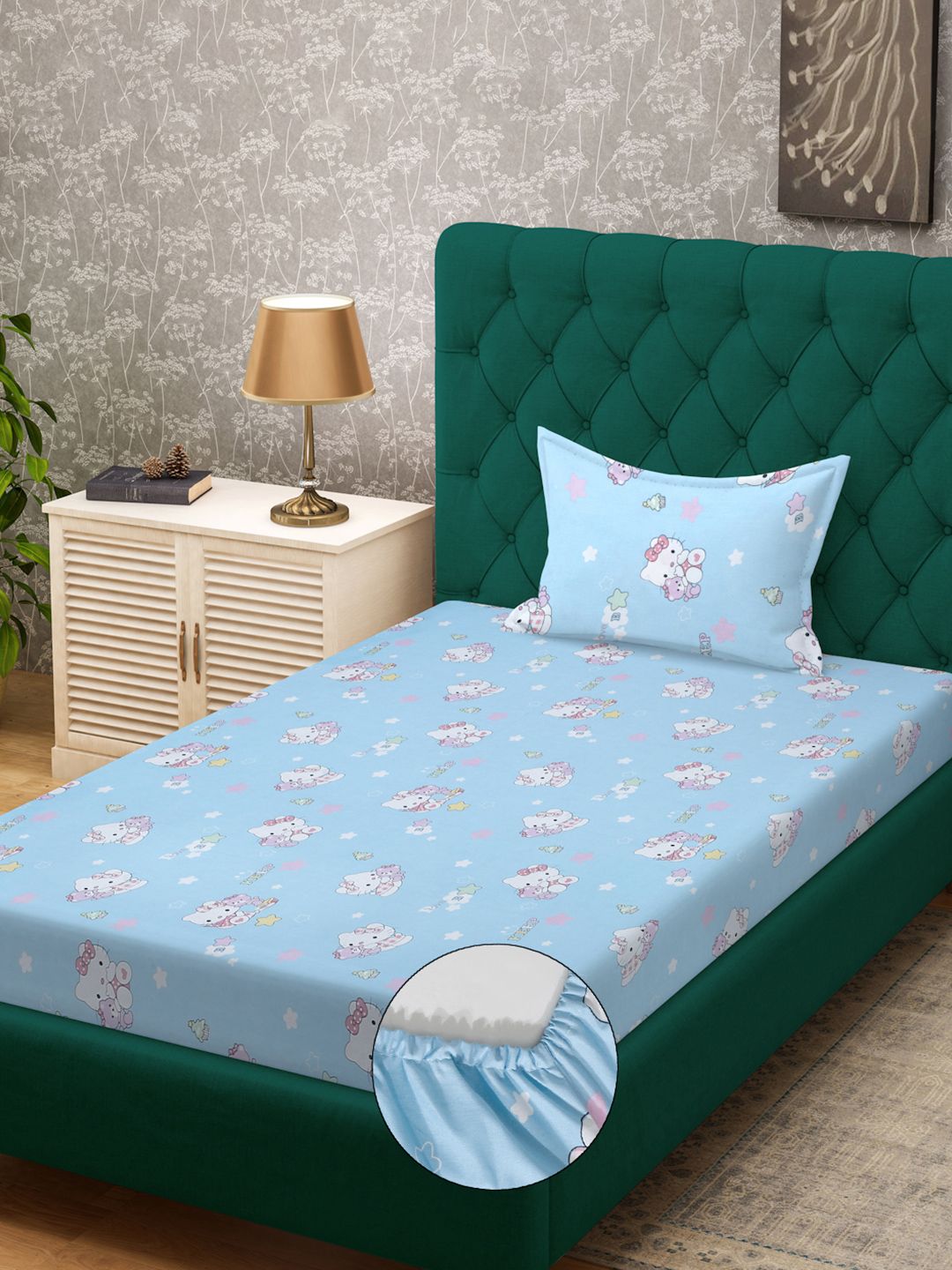 KLOTTHE Watak Kartun Biru Kapas 400 TC Dilengkapi Cadar Single Superfine dengan Sarung Bantal-89 x 59 inci