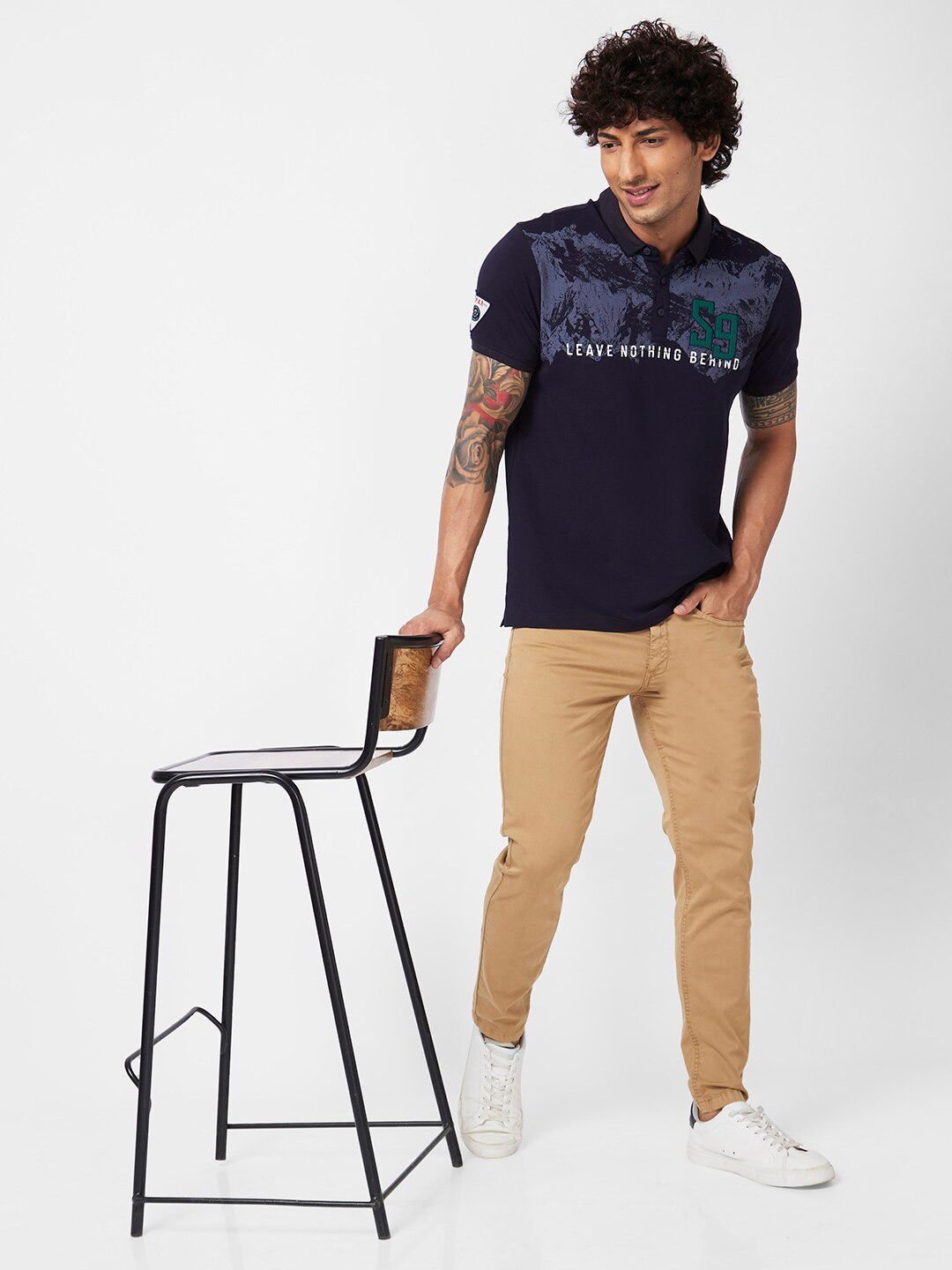SPYKAR Graphic Printed Polo Collar Applique Slim Fit Cotton Casual T-shirt
