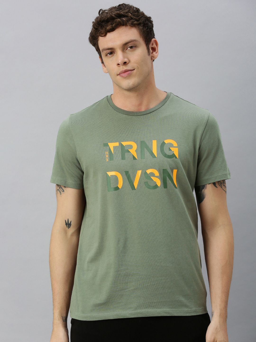 HRX by Hrithik Roshan Men Olive Green Printed Bio-Wash Training Tshirt