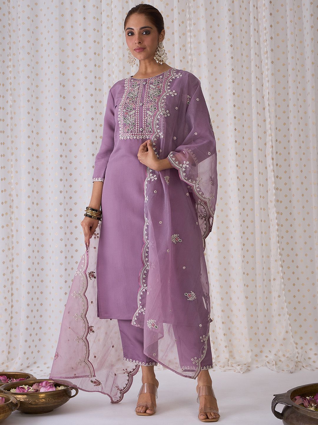 Indo Era Women Floral Yoke Design Regular Thread Work Kurta with Trousers & Dupatta