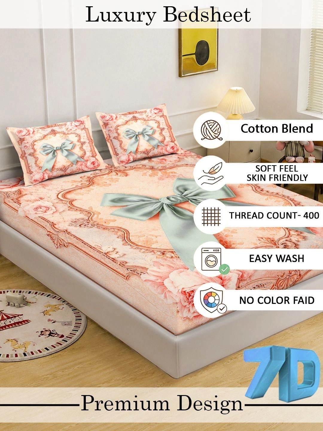 Moda Rapido X KLOTTHE Cadar 400 TC Berwarna Peach & Bunga Biru dengan 2 Sarung Bantal