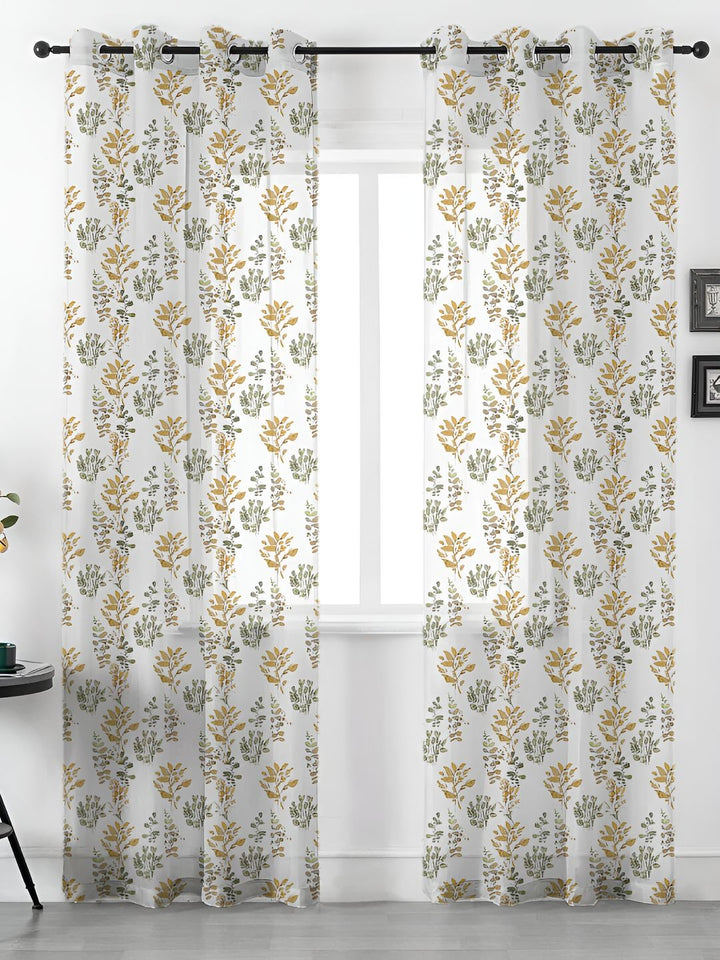 URBAN SPACE White & Green 2 Pieces Floral Printed Sheer Window Curtains