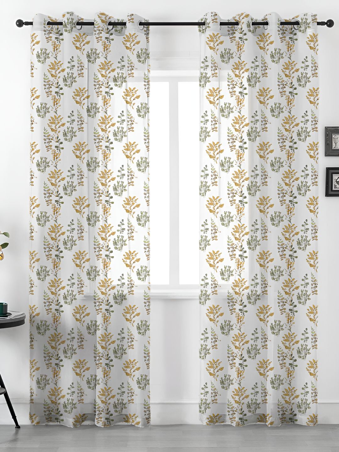 URBAN SPACE White & Green 2 Pieces Floral Printed Sheer Window Curtains