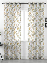 URBAN SPACE White & Green 2 Pieces Floral Printed Sheer Window Curtains