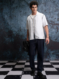 Locomotive Men White Mock Lino Dobby Textured Striper Camp Collar Oversized Shirt