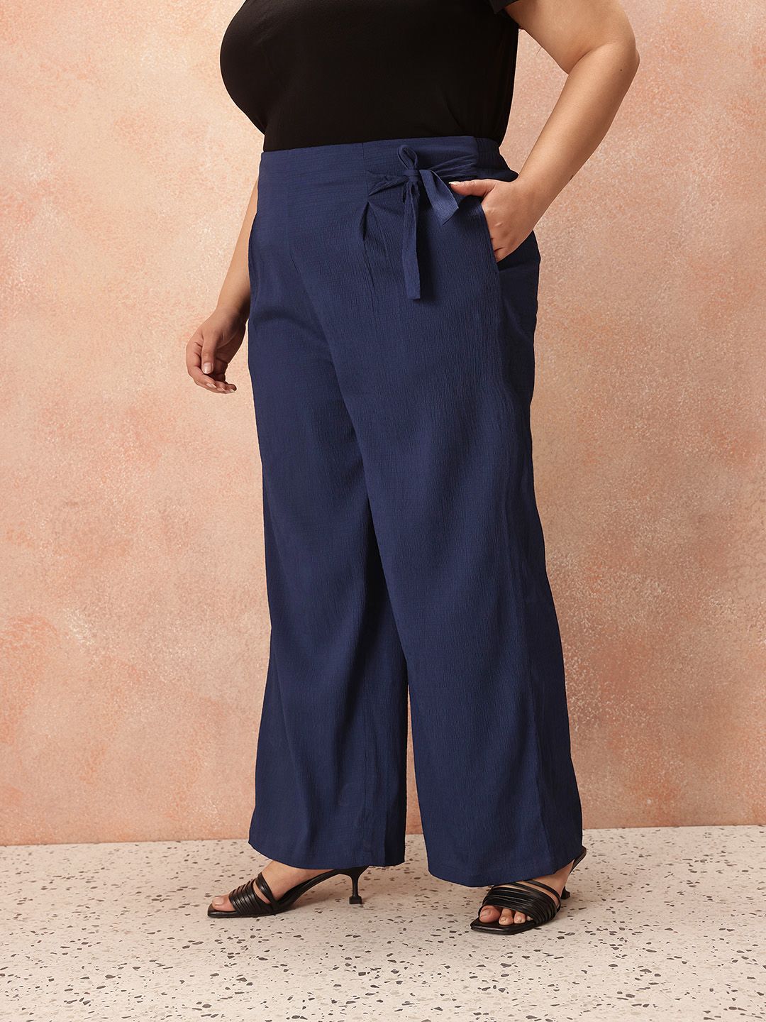 all about you Plus Size Women Crinkled Effect Mid-Rise Belted Detail Front-Pleats Trousers