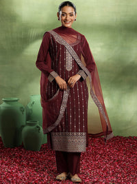 Libas Floral Embroidered Sequinned Straight Kurta with Trouser & Dupatta