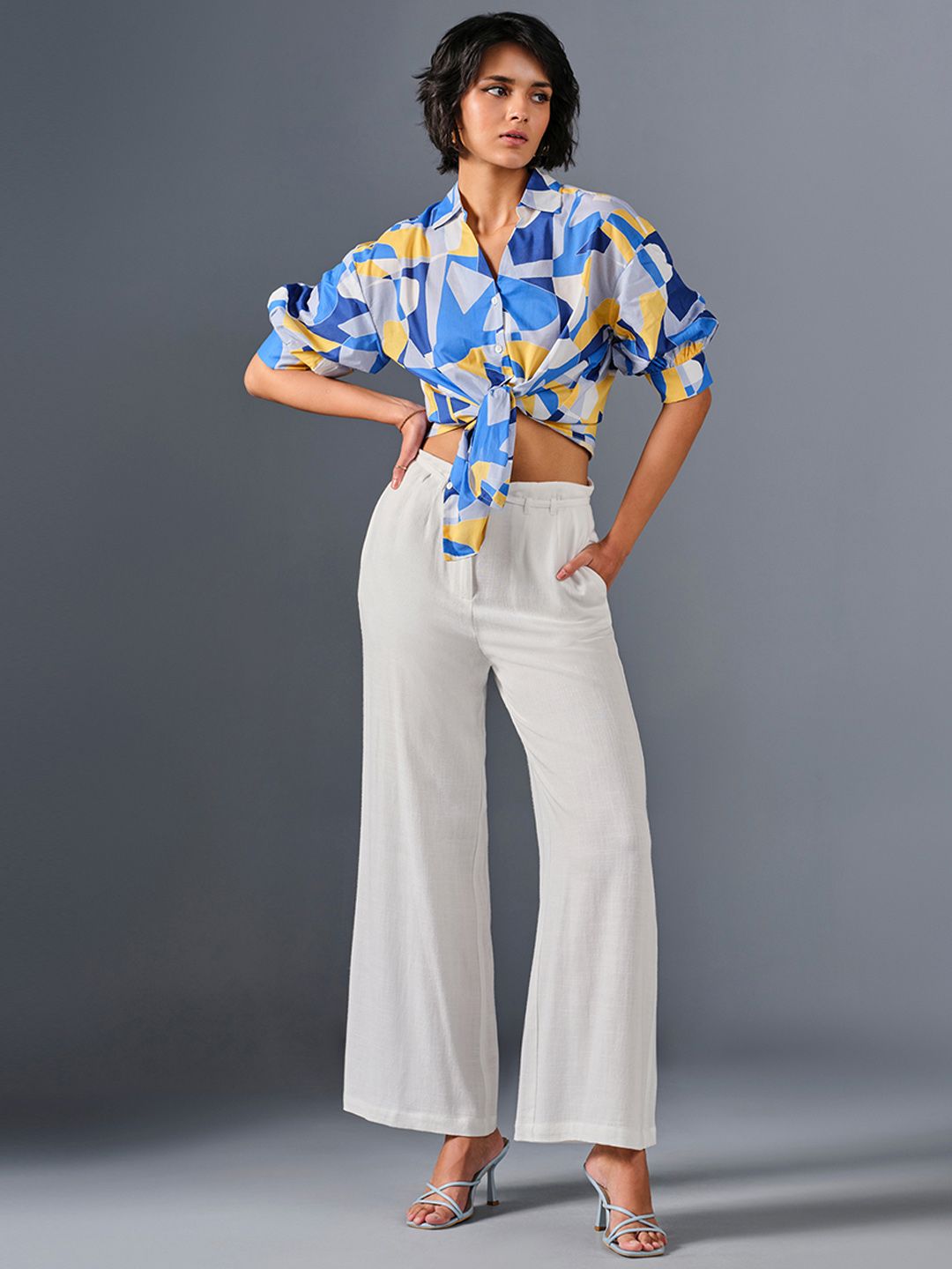 AND Geometric Print Extended Sleeves Cotton Shirt Style Top