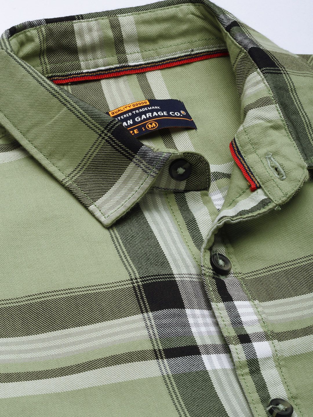 The Indian Garage Co Men Olive Green & White Tartan Checks Checked Cotton Casual Shirt