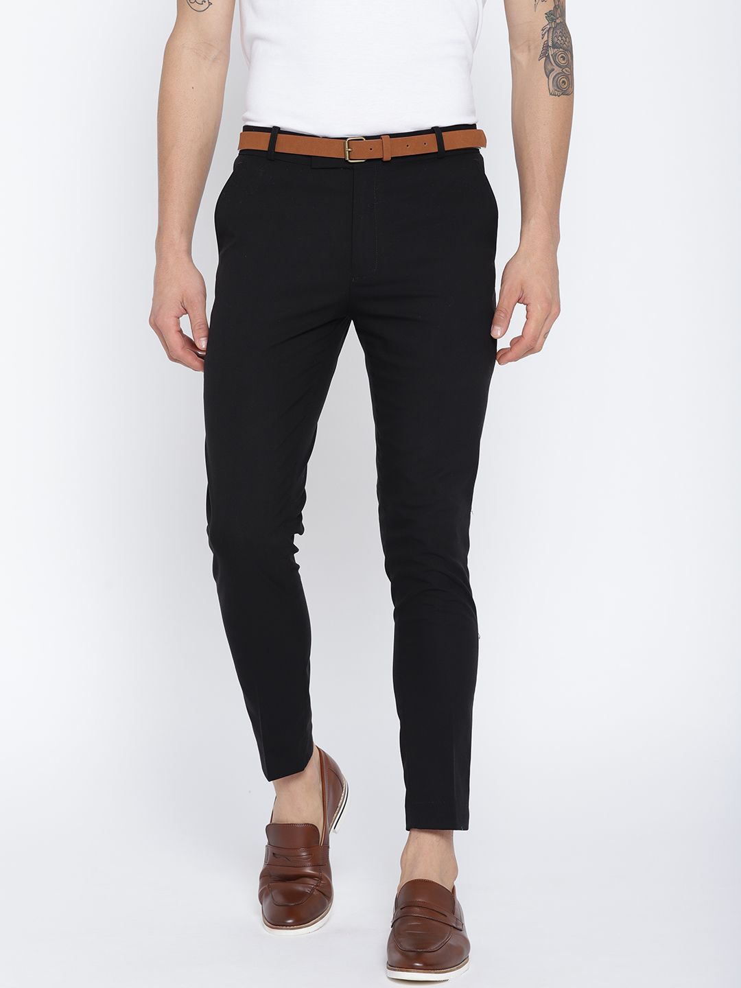 DENNISON Men Black Comfort Tapered Fit Cropped Trousers