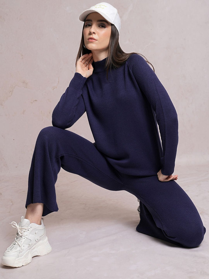 Tokyo Talkies Navy Blue High Neck Sweater With Flared Trouser Co-Ords