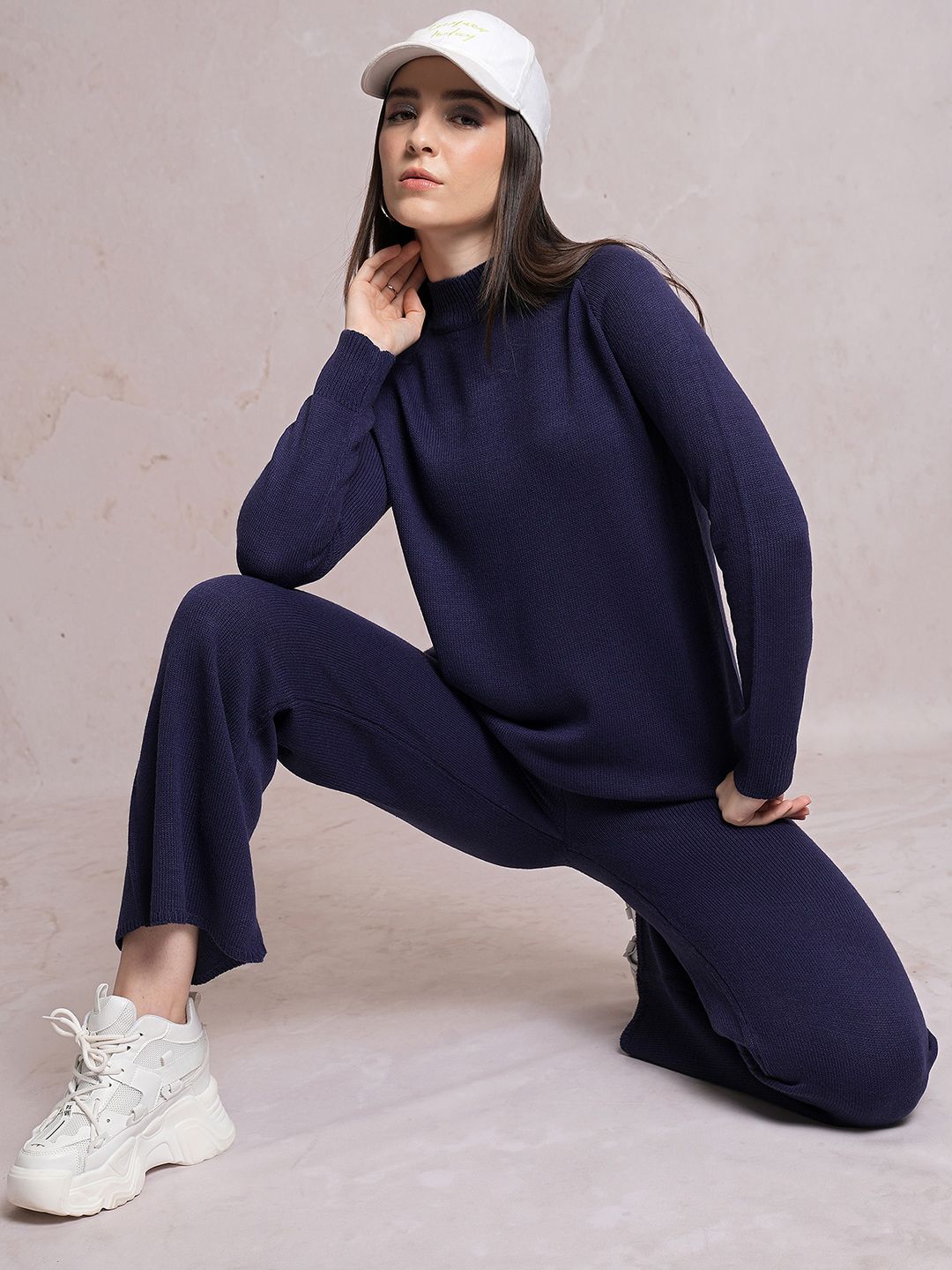 Tokyo Talkies Navy Blue High Neck Sweater With Flared Trouser Co-Ords