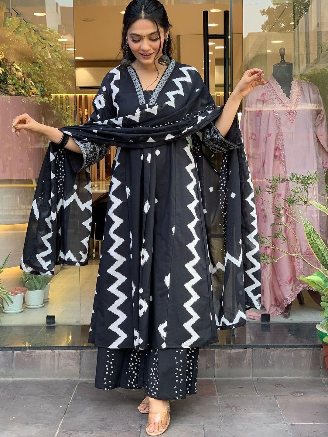 KALINI Geometric Printed Notch Neck Pleated A-Line Kurta With Trouser And Dupatta