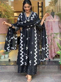 KALINI Geometric Printed Notch Neck Pleated A-Line Kurta With Trouser And Dupatta