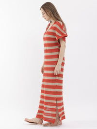 RAREISM Striped V-Neck Short Sleeves Cotton Maxi Dress