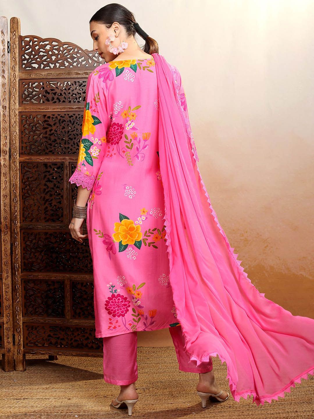 Vishudh Pink Floral Printed Gotta Patti Straight Kurta With Trousers & Dupatta