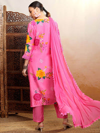 Vishudh Pink Floral Printed Gotta Patti Straight Kurta With Trousers & Dupatta