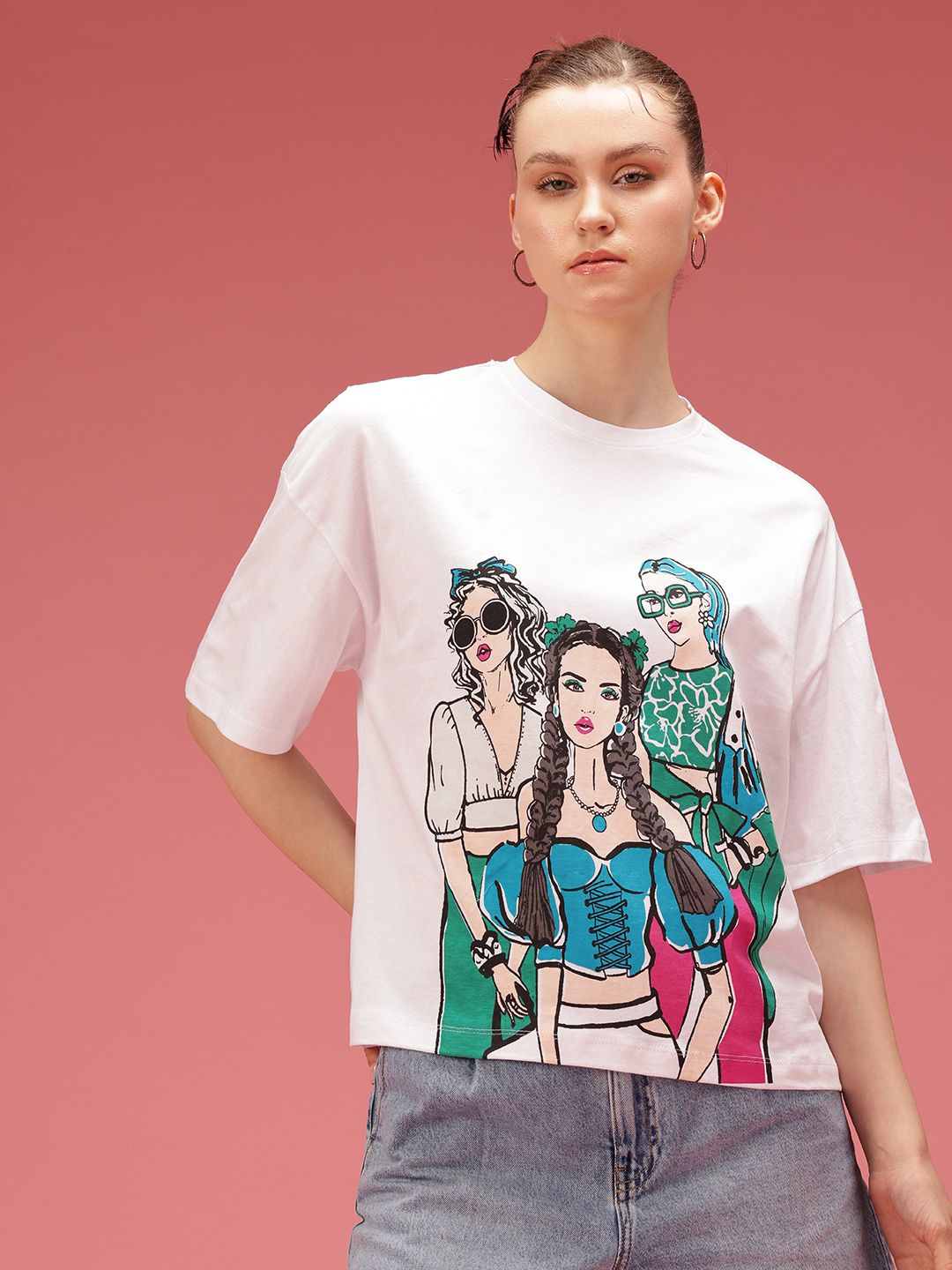 DressBerry Printed Drop-Shoulder Sleeves Oversized Pure Cotton T-shirt