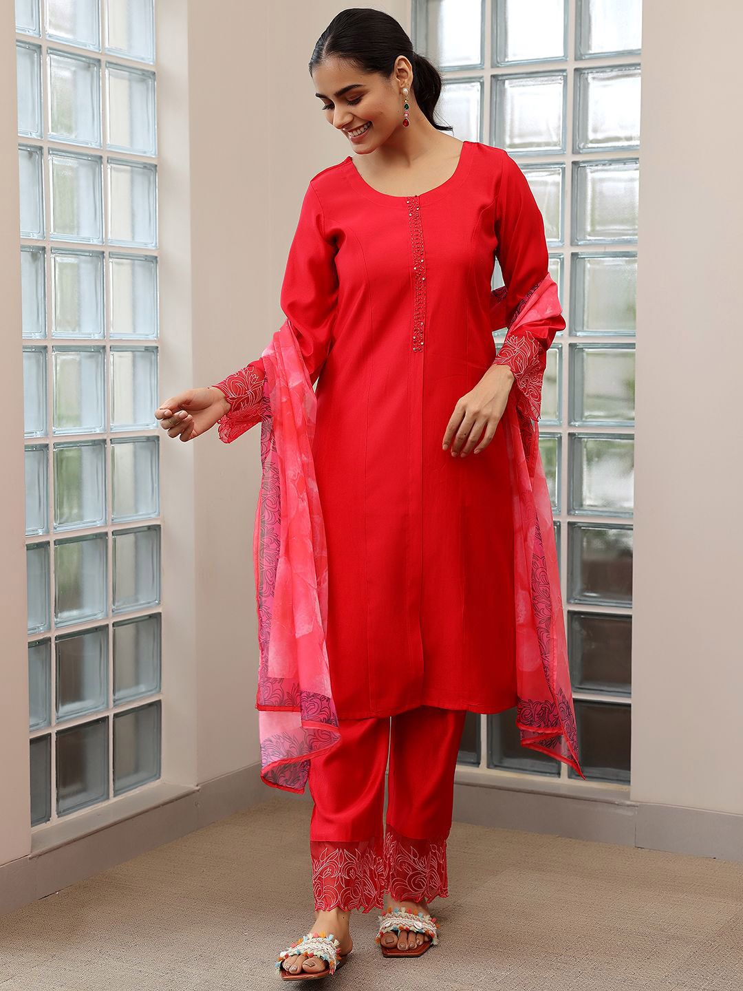 Libas Yoke Design Thread Work Straight Kurta with Trousers & Dupatta