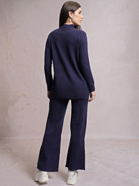 Tokyo Talkies Navy Blue High Neck Sweater With Flared Trouser Co-Ords