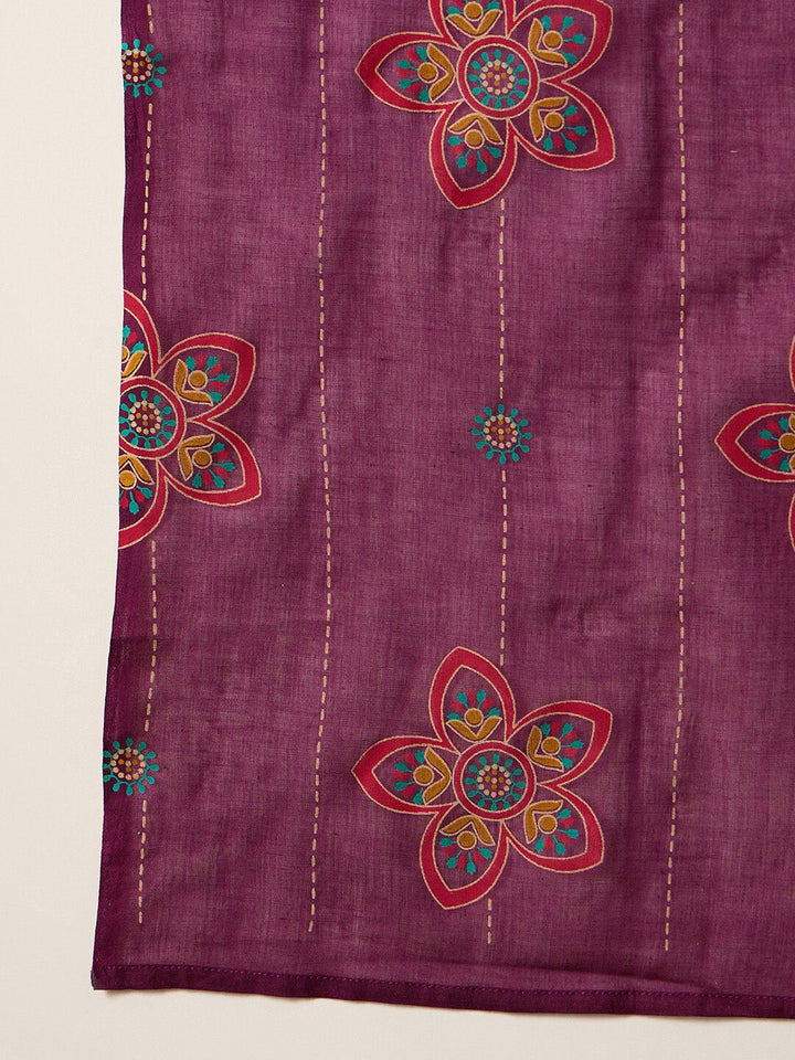 Indo Era Burgundy Floral Printed V-Neck Sequinned Pure Cotton Straight Kurta Set