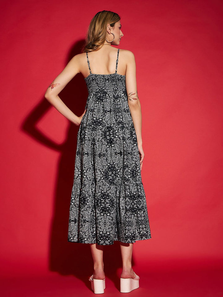 SASSAFRAS Black Ethnic Motifs Print Fit & Flare Midi Dress