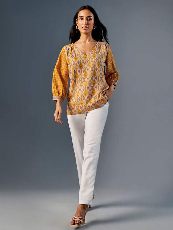 Global Desi Ethnic Motifs Printed V-Neck Puff Sleeve Top