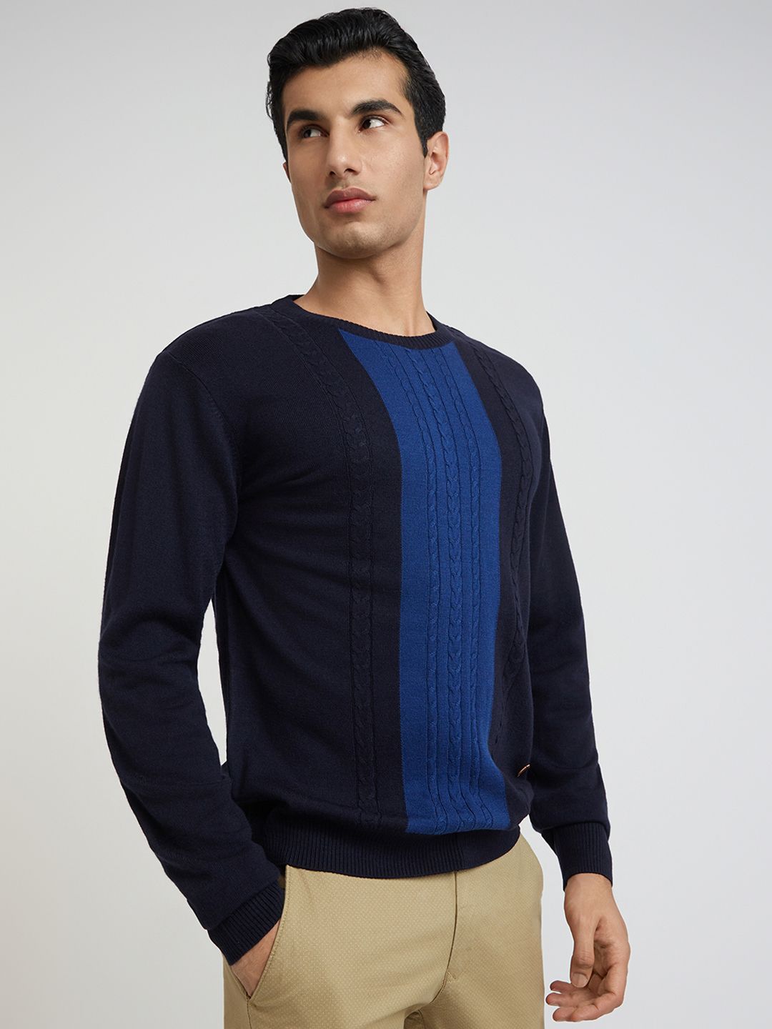 Raymond Men Blue Cable Knit Woolen Pullover
