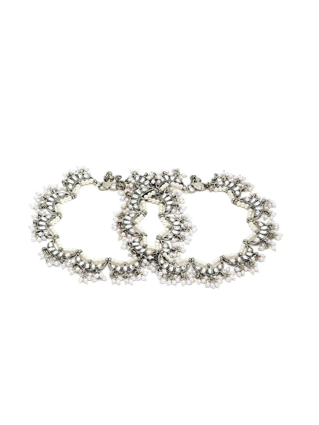 KARATCART Women Set Of 2 Silver-Toned & White Oxidized Anklets
