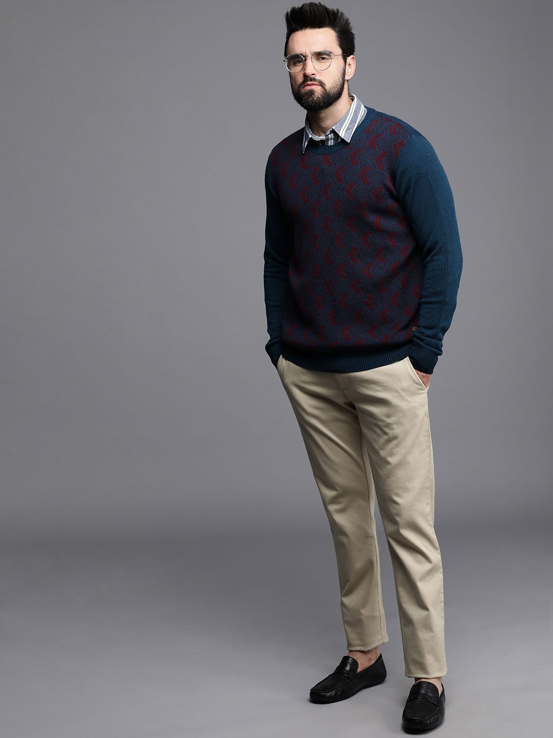 Raymond Men Teal Blue & Burgundy Chevron Printed Pullover