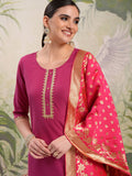 Vishudh Pink Vishudh Round Neck Embellished Straight Kurta & Palazzos With Dupatta