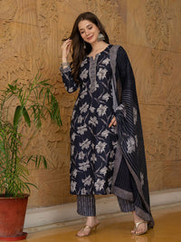 KALINI Floral Printed Gotta Patti Straight Kurta With Trouser & Dupatta