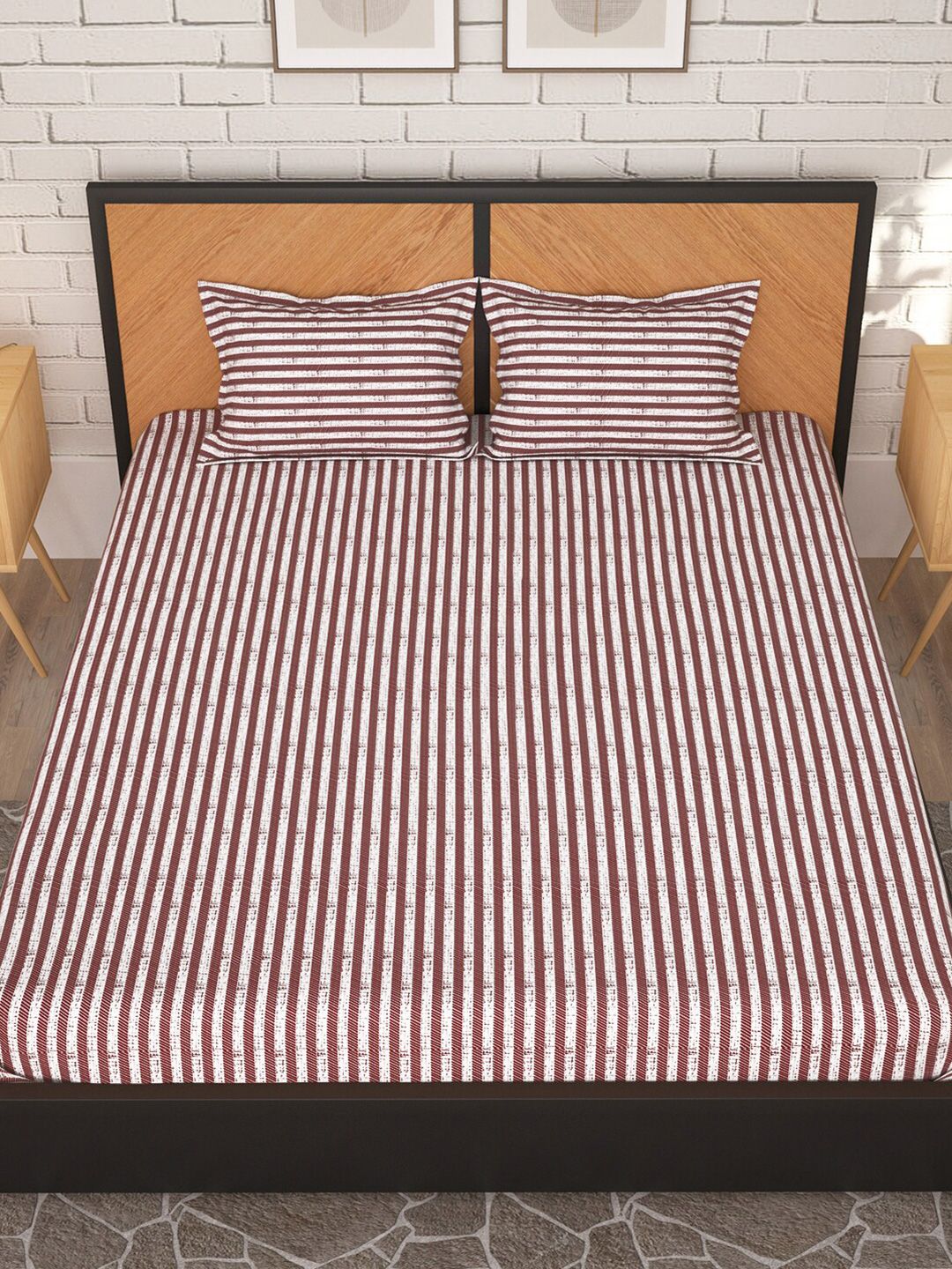 Story@home Maroon & White Striped 180 TC Queen Bedsheet with 2 Pillow Covers