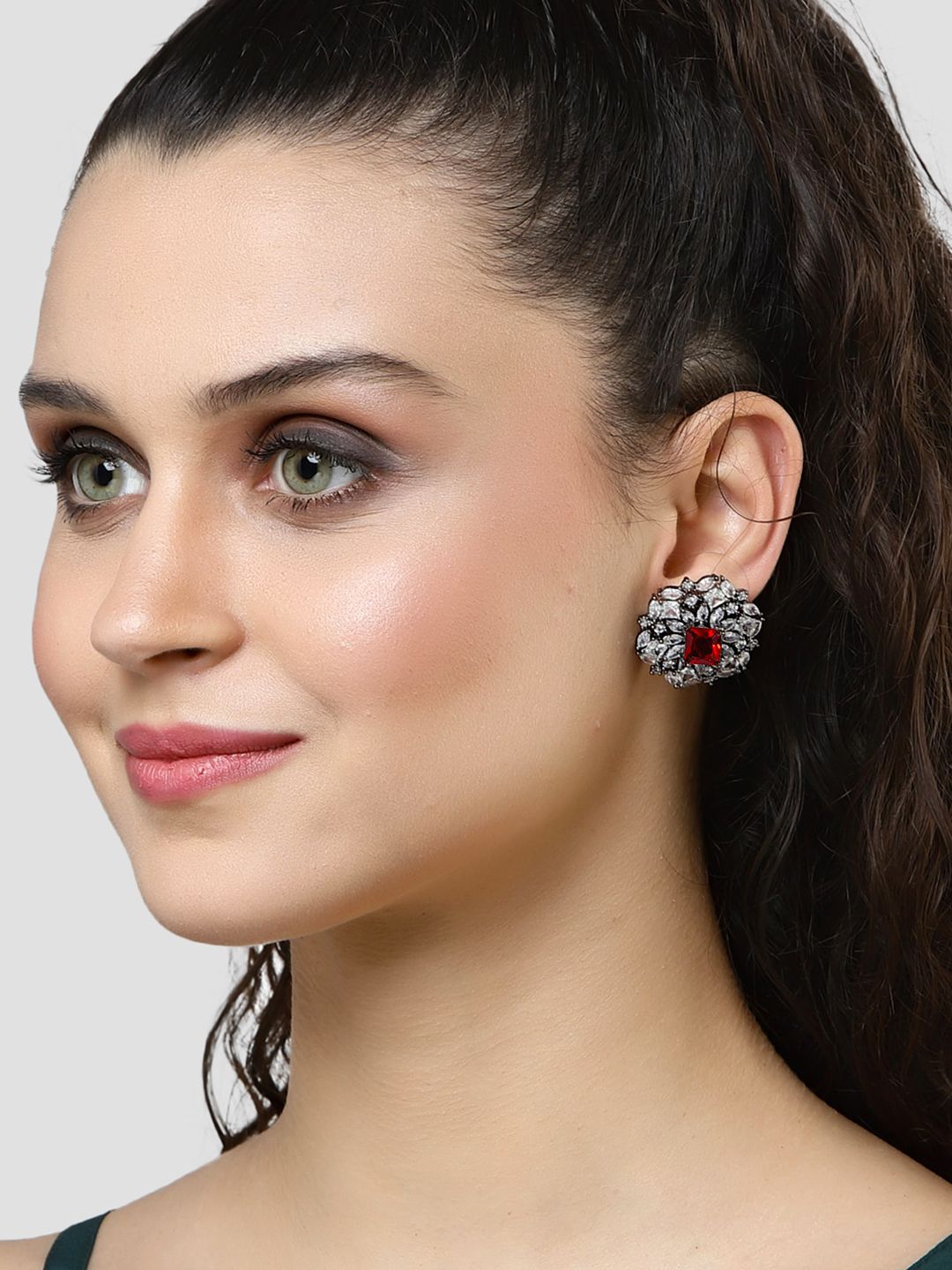 KARATCART Silver-Plated Cubic Zirconia Studded Contemporary Stud Earrings