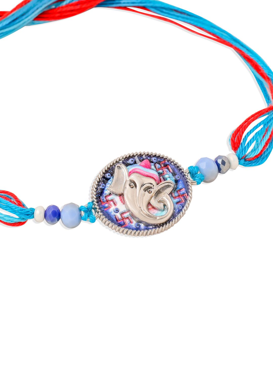 NVR Unisex Red & Blue Ganesh Ji Thread Rakhi With Roli Chawal