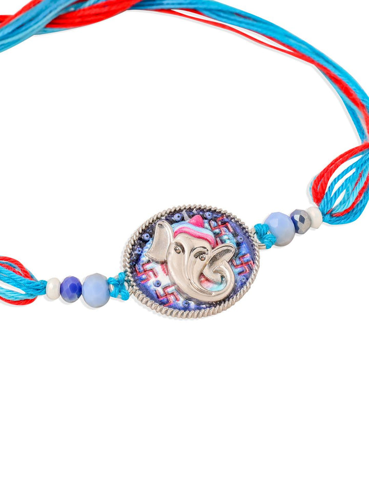 NVR Unisex Red & Blue Ganesh Ji Thread Rakhi With Roli Chawal